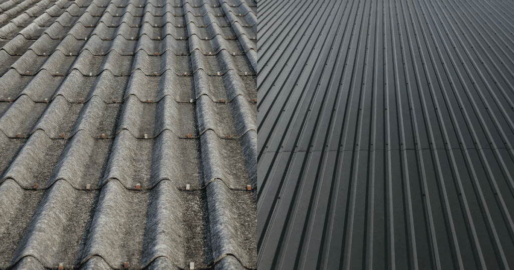 Concrete roof beside a metal roof.