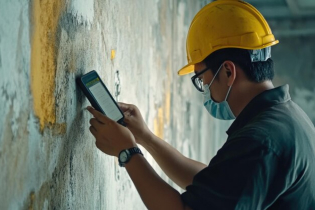 An expert waterproofing specialist checking a concrete wall during the application of an approved waterproofing system.
