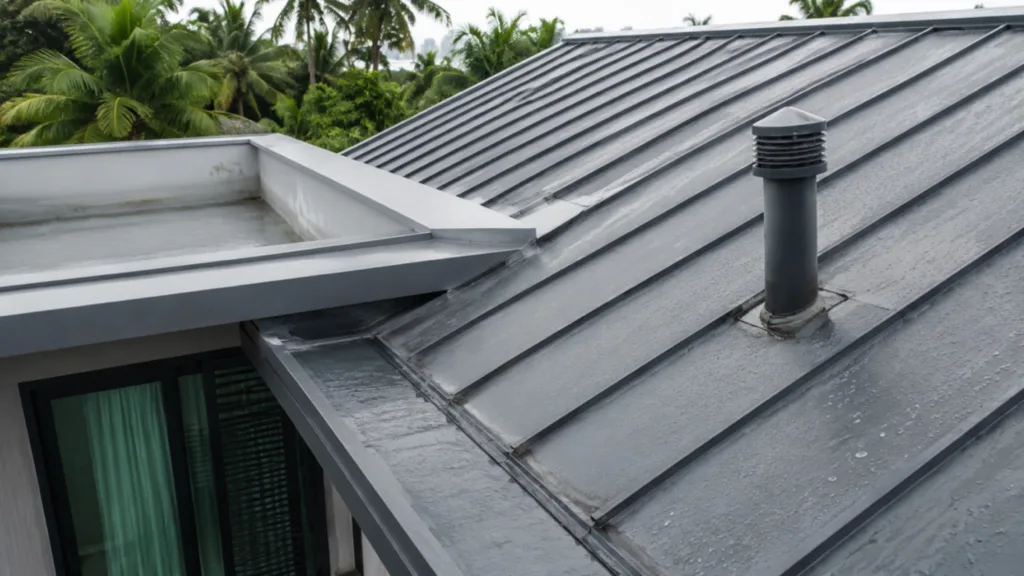 Alt Text: Modern metal roof structure after rain, illustrating critical inspection points to prevent severe roof leaks in Singapore properties.