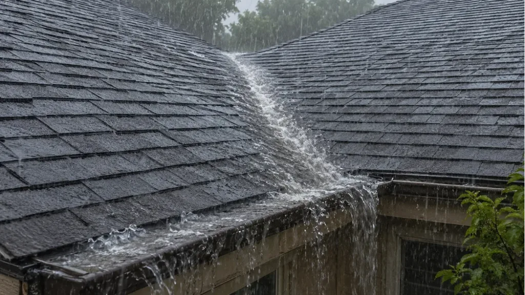 Overflowing gutters on a shingle roof during heavy rainfall