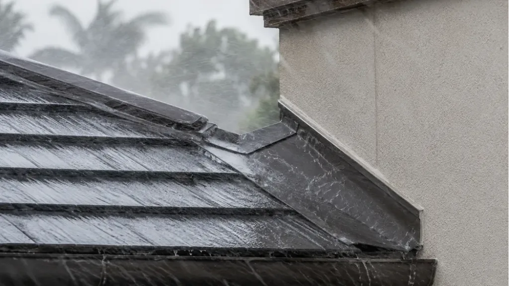Roof tiles and wall junction with water runoff during heavy monsoon rain