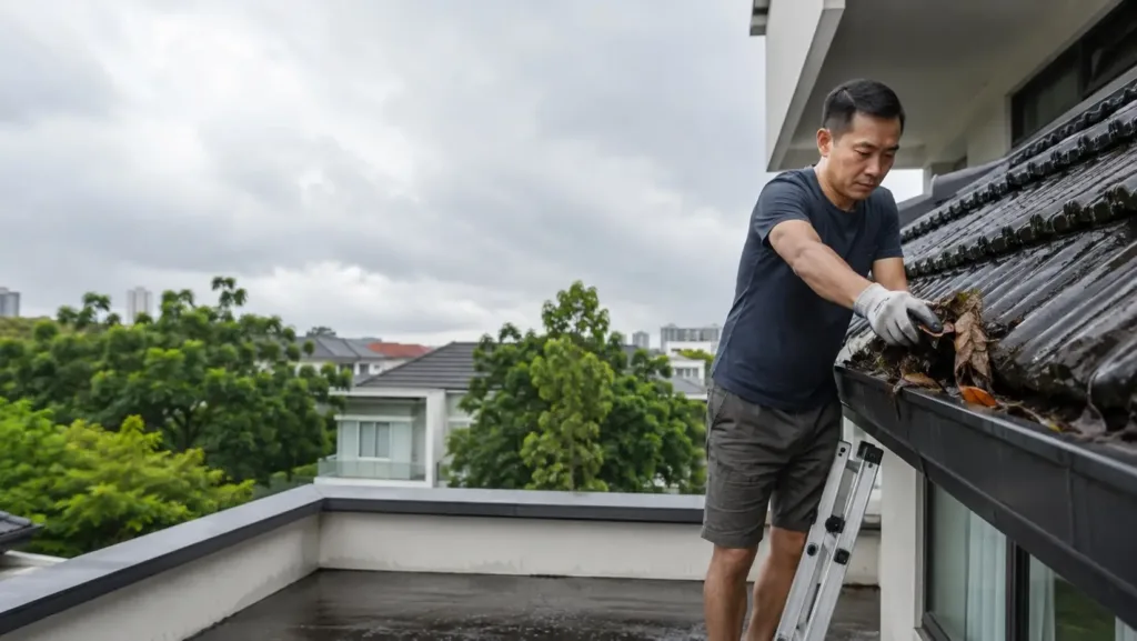 Singapore homeowner safely clearing leaves and debris from a roof gutter as part of DIY roof leak prevention.