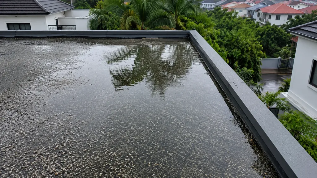 Ponding water on roofs of a Singapore house after rainfall, with standing water reflecting nearby trees and surrounding homes